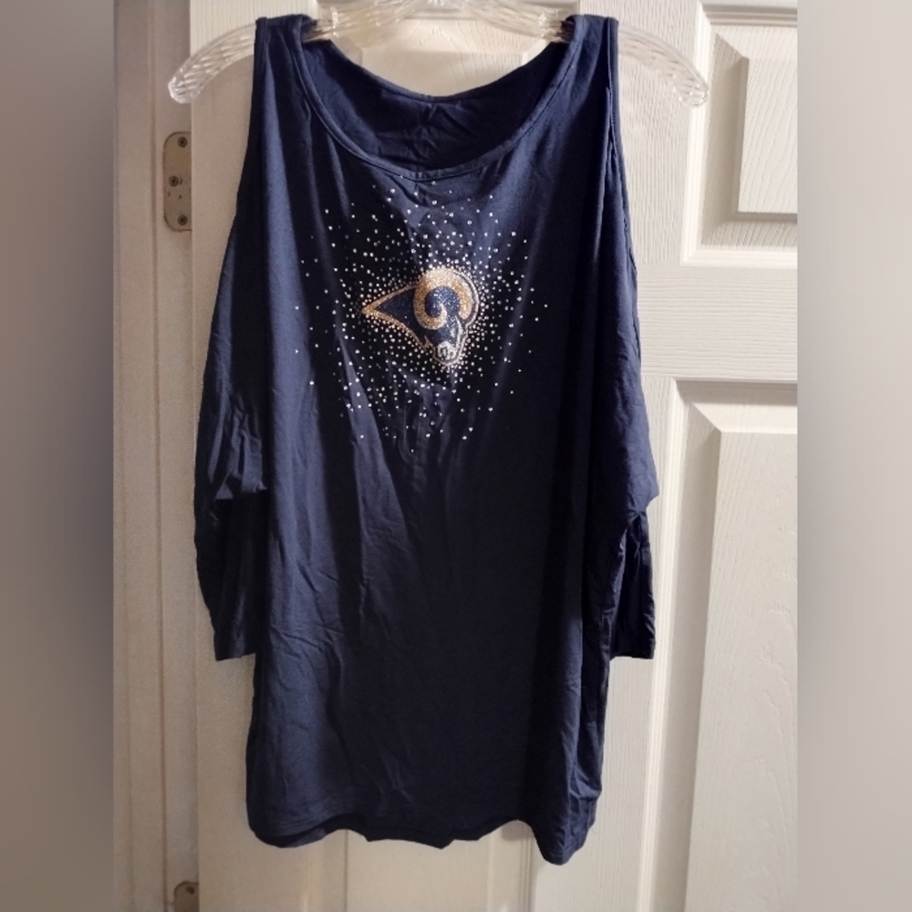 NWOT Rams Women's Stylish Cold Shoulder Navy Blue Top with Embellished Design